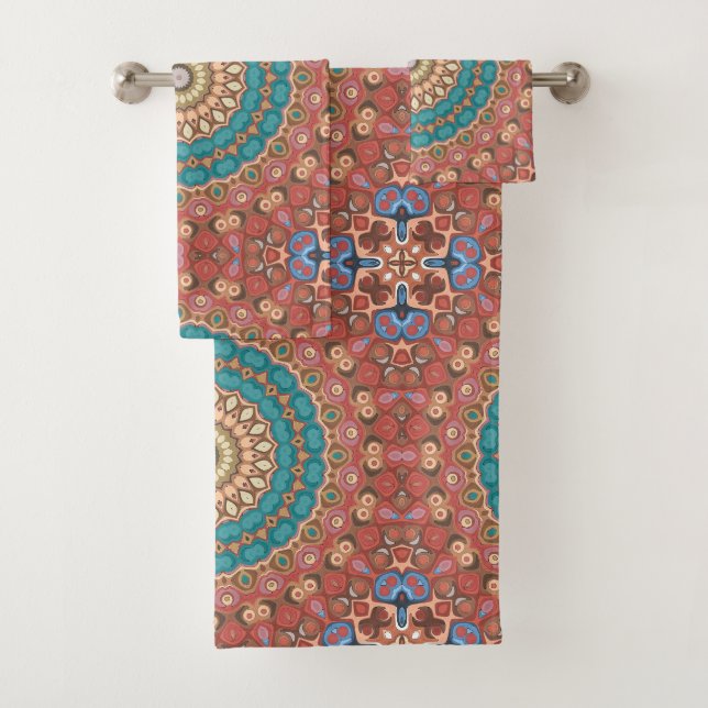 Turquoise and Terracotta Geometric Mandala Pattern Bath Towel Set (Insitu)