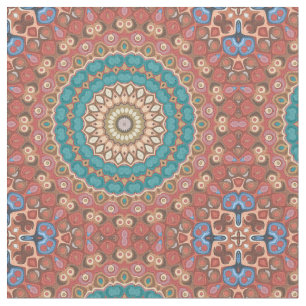 Turquoise and Terracotta Geometric Mandala Pattern Fabric