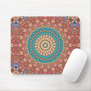 Turquoise and Terracotta Geometric Mandala Pattern Mouse Pad