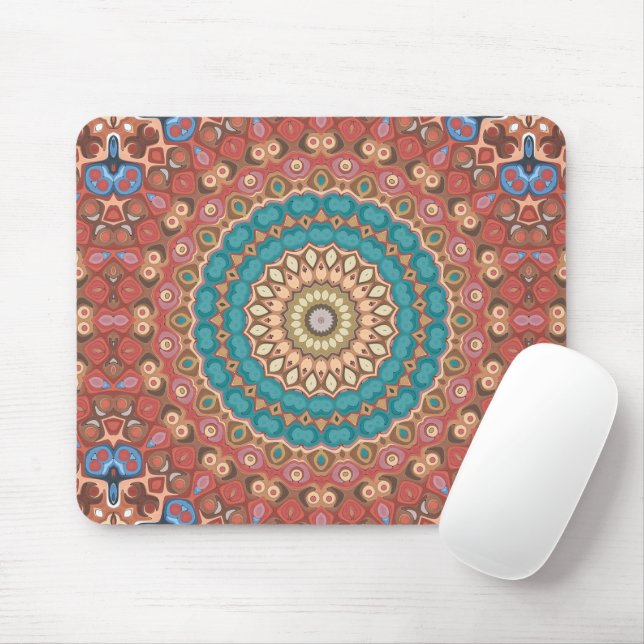 Turquoise and Terracotta Geometric Mandala Pattern Mouse Pad (With Mouse)