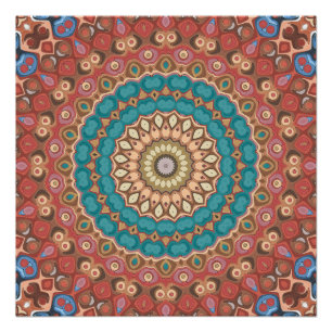 Turquoise and Terracotta Geometric Mandala Pattern Poster