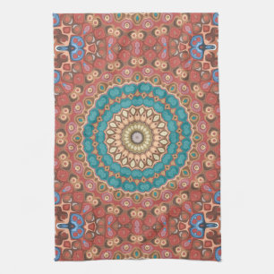 Turquoise and Terracotta Geometric Mandala Pattern Tea Towel
