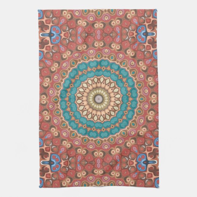 Turquoise and Terracotta Geometric Mandala Pattern Tea Towel (Vertical)