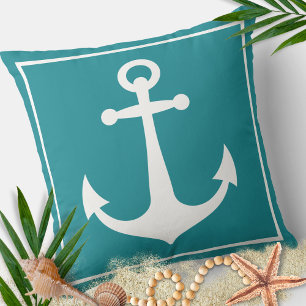 Turquoise and White Anchor Nautical Boat Beach Cushion