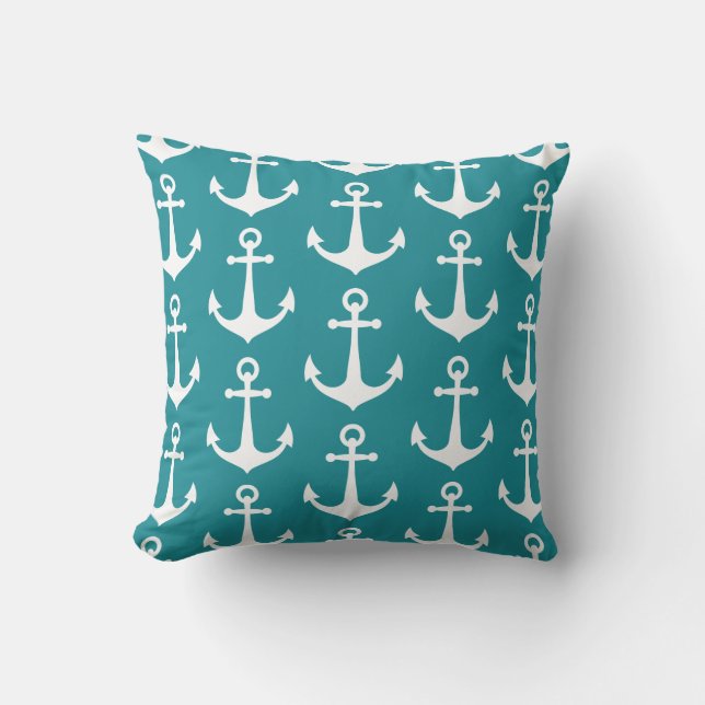 Turquoise and White Anchor Pattern Nautical Boat Cushion (Front)