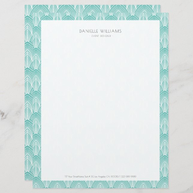 Turquoise and white Art Deco pattern Custom Letterhead (Front/Back)