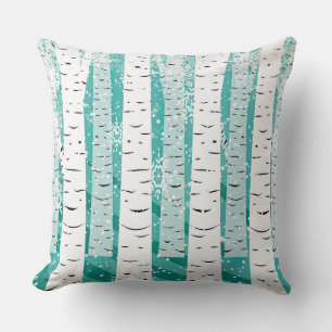 Turquoise and White Birch Trees and Snowflakes Cushion