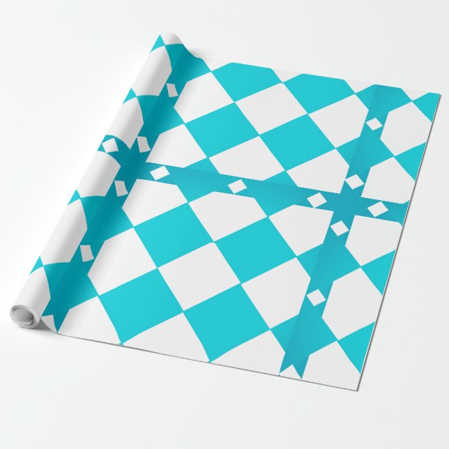 Turquoise and White Chequerboard Diamond Pattern Wrapping Paper (Unrolled)