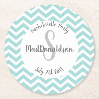 turquoise and white chevron monogram party round paper coaster