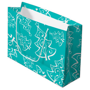 Turquoise and White Christmas Trees Pattern Large Gift Bag