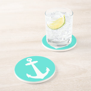 Turquoise And White Coastal Decor Anchor Coaster