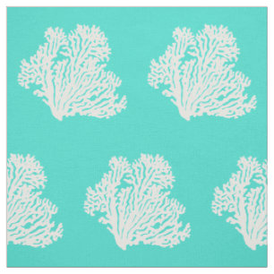 Turquoise And White Coastal Decor Coral Fabric