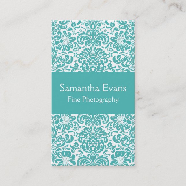 Turquoise and White Damask Business Card (Front)