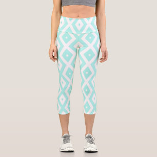 Turquoise and white diamond pattern capri leggings
