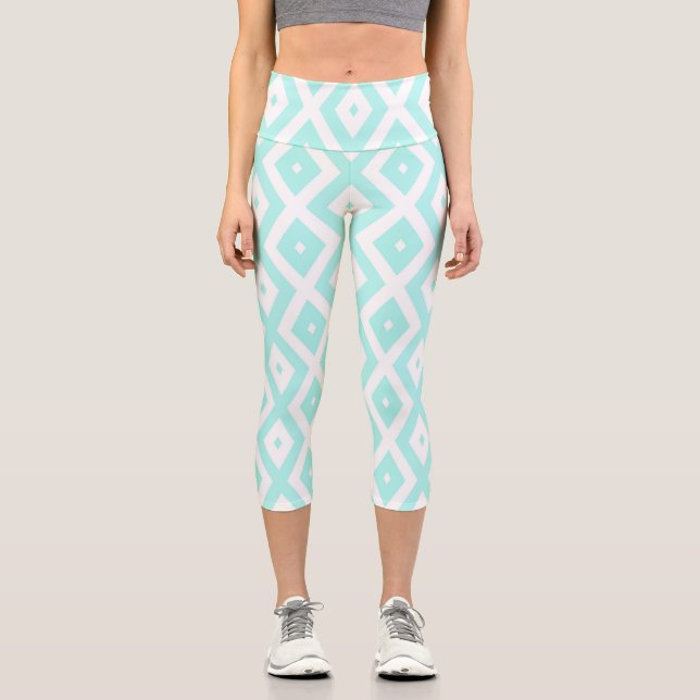 Turquoise and white diamond pattern capri leggings (Front)