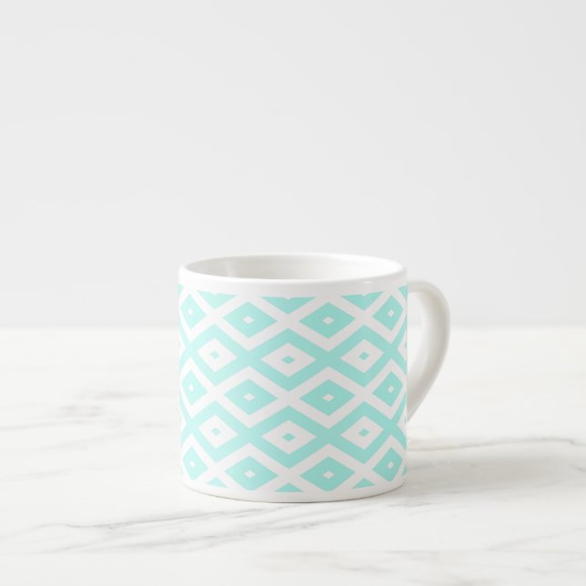 Turquoise and white diamond pattern espresso cup (Front Right)