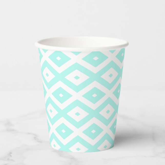 Turquoise and white diamond pattern paper cups (Front)