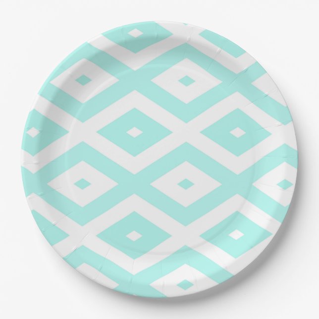 Turquoise and white diamond pattern paper plate (Front)
