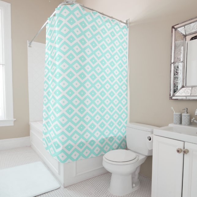Turquoise and white diamond pattern shower curtain (In Situ)