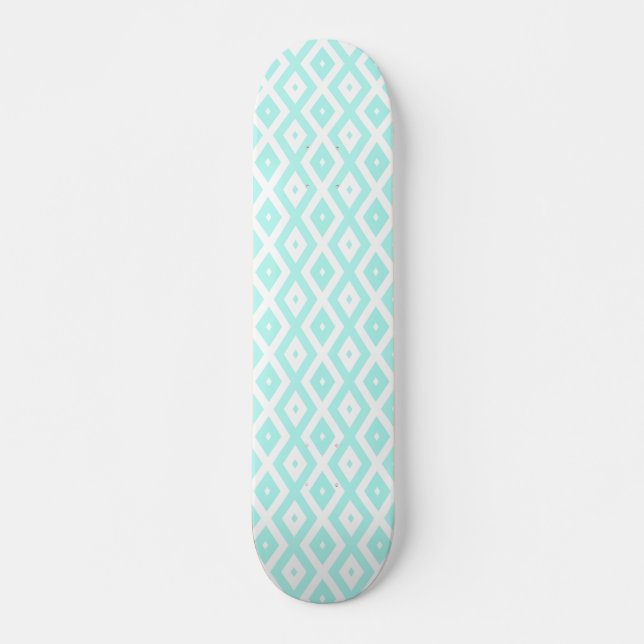 Turquoise and white diamond pattern skateboard (Front)
