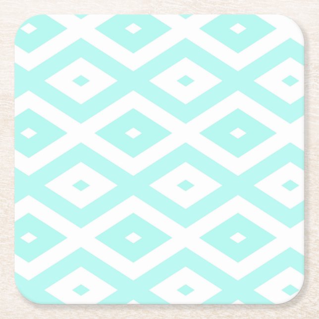 Turquoise and white diamond pattern square paper coaster (Front)