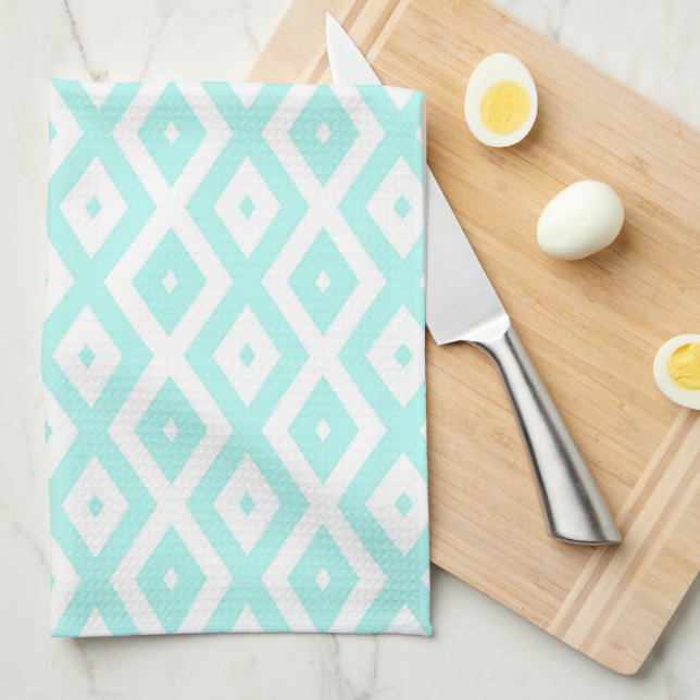 Turquoise and white diamond pattern tea towel (Quarter Fold)