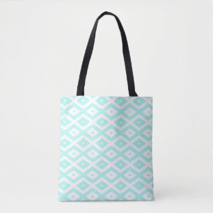 Turquoise and white diamond pattern tote bag