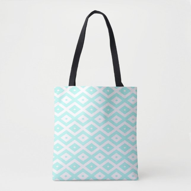 Turquoise and white diamond pattern tote bag (Front)