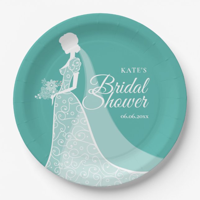 Turquoise and White Elegant Lace Gown Bridal Paper Plate (Front)