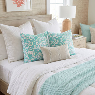 Turquoise and White Floral Damask Cushion