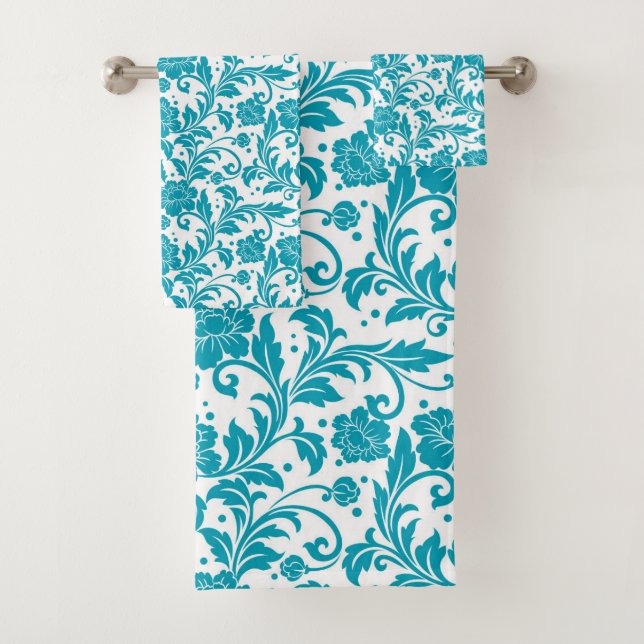 Turquoise and White Floral Damask Pattern Bath Towel Set (Insitu)