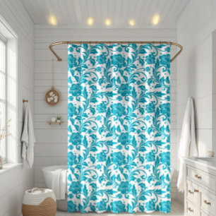 Turquoise and White Floral Damask Pattern Shower Curtain