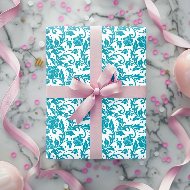 Turquoise and White Floral Damask Pattern Wrapping Paper (Creator Uploaded)