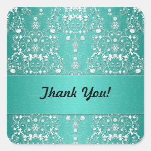 Turquoise and White Floral Damask Square Sticker