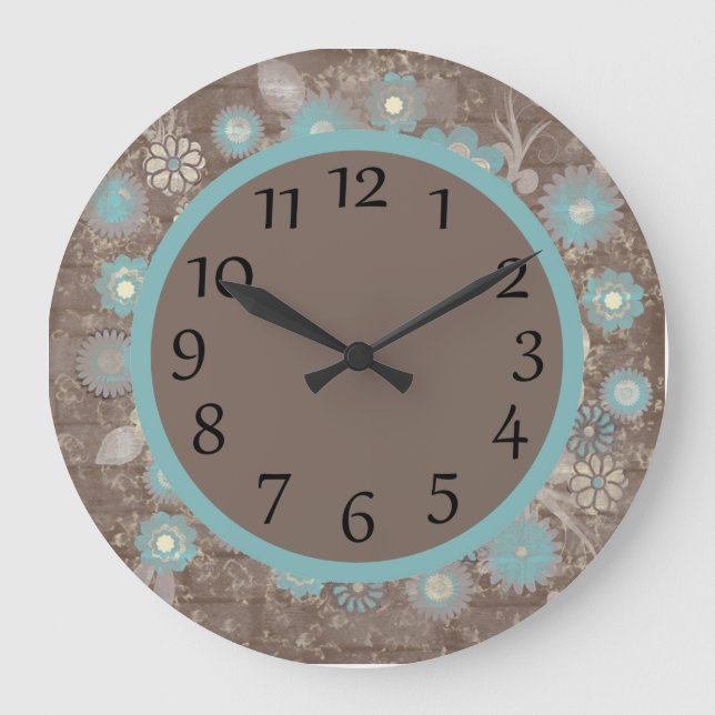 Turquoise and White Floral on Brown Wall Clock (Front)