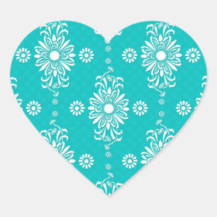 Turquoise and White Floral Pattern Heart Sticker
