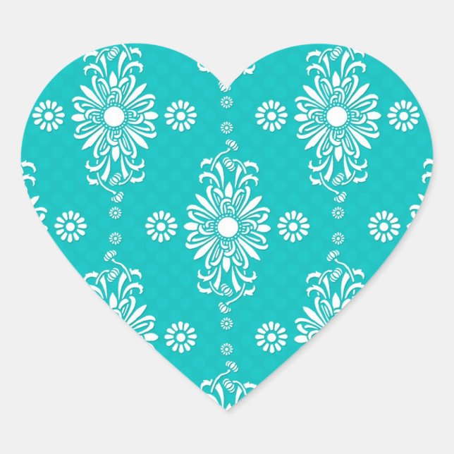 Turquoise and White Floral Pattern Heart Sticker (Front)