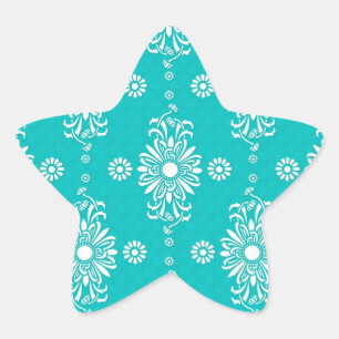 Turquoise and White Floral Pattern Star Sticker