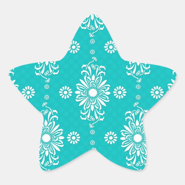 Turquoise and White Floral Pattern Star Sticker (Front)