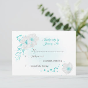 turquoise and white flowers botanical RSVP card
