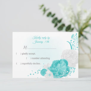 turquoise and white flowers botanical RSVP card