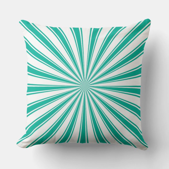 Turquoise and White Funky Sun Rays Retro Stripes Cushion (Front)
