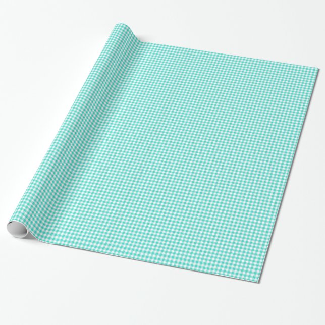 Turquoise and White Gingham Checks Pattern Wrapping Paper (Unrolled)