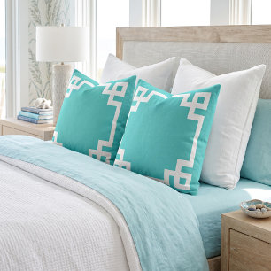 Turquoise and White Greek Key Border Cushion
