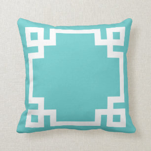 Turquoise and White Greek Key Border Cushion