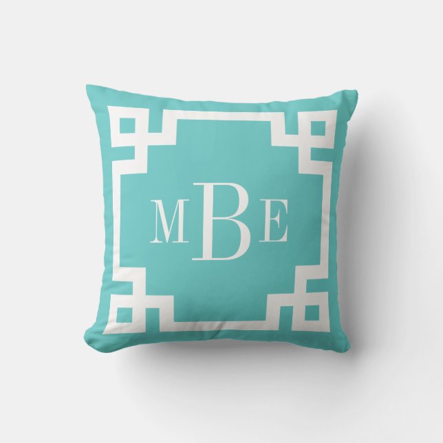 Turquoise and White Greek Key Monogram Cushion (Front)