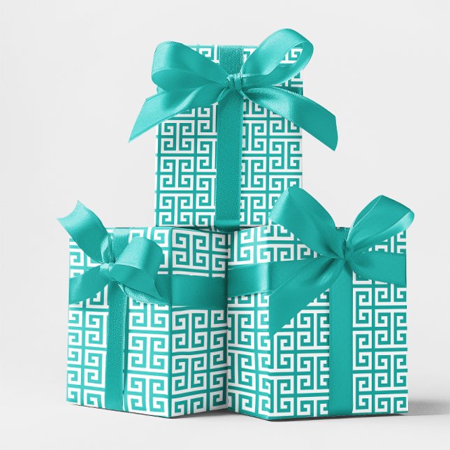 Turquoise and White Greek Key Pattern Wrapping Paper Sheet (Turquoise and White Greek Key Pattern Wrapping Paper Sheets)