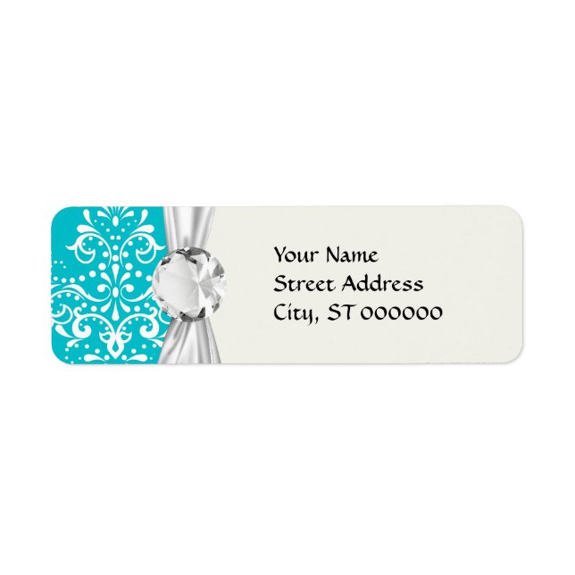 turquoise and white henna style damask return address label (Front)