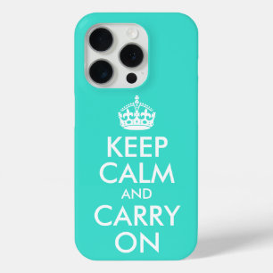 Turquoise and White Keep Calm and Carry On iPhone 15 Pro Case
