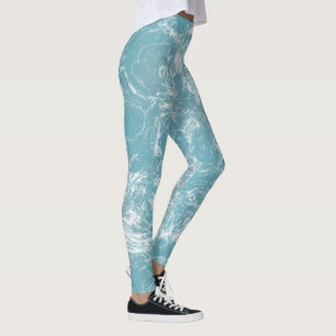 Turquoise and White Marble Swirl Abstract Leggings